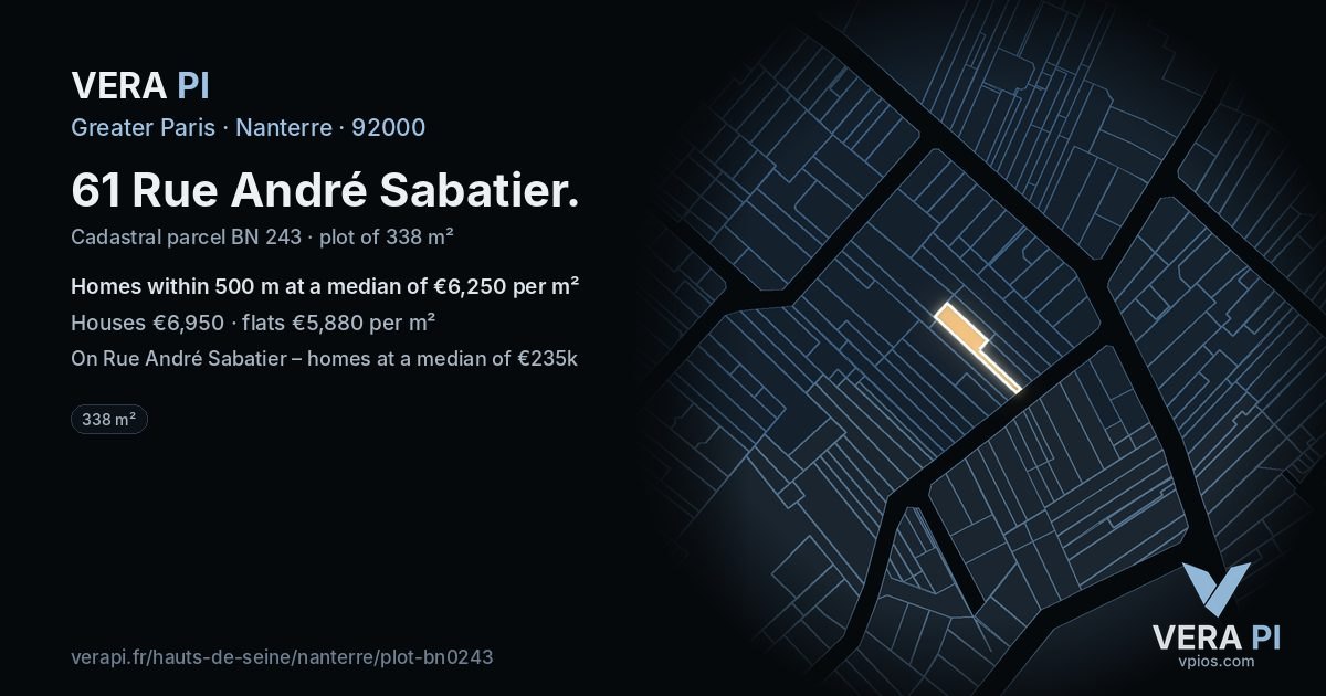61 Rue André Sabatier, Nanterre at night – the plot lit, the parcels around coloured by the prices near them