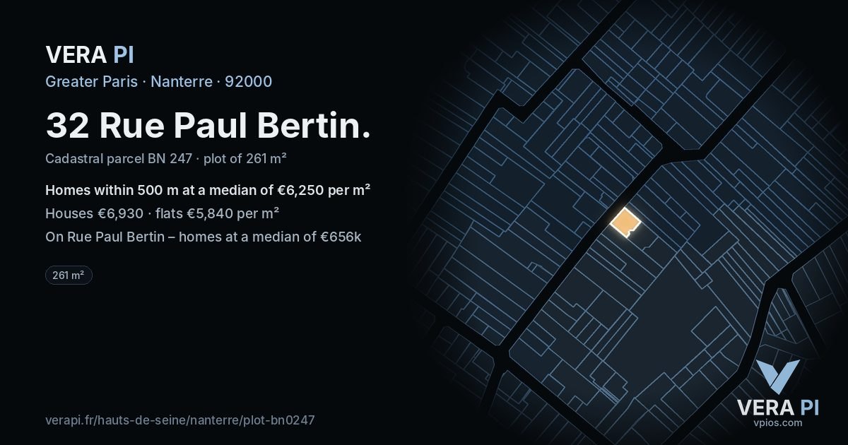 32 Rue Paul Bertin, Nanterre at night – the plot lit, the parcels around coloured by the prices near them