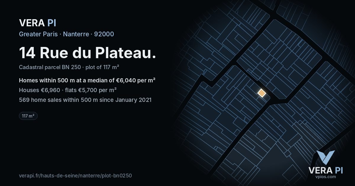 14 Rue du Plateau, Nanterre at night – the plot lit, the parcels around coloured by the prices near them