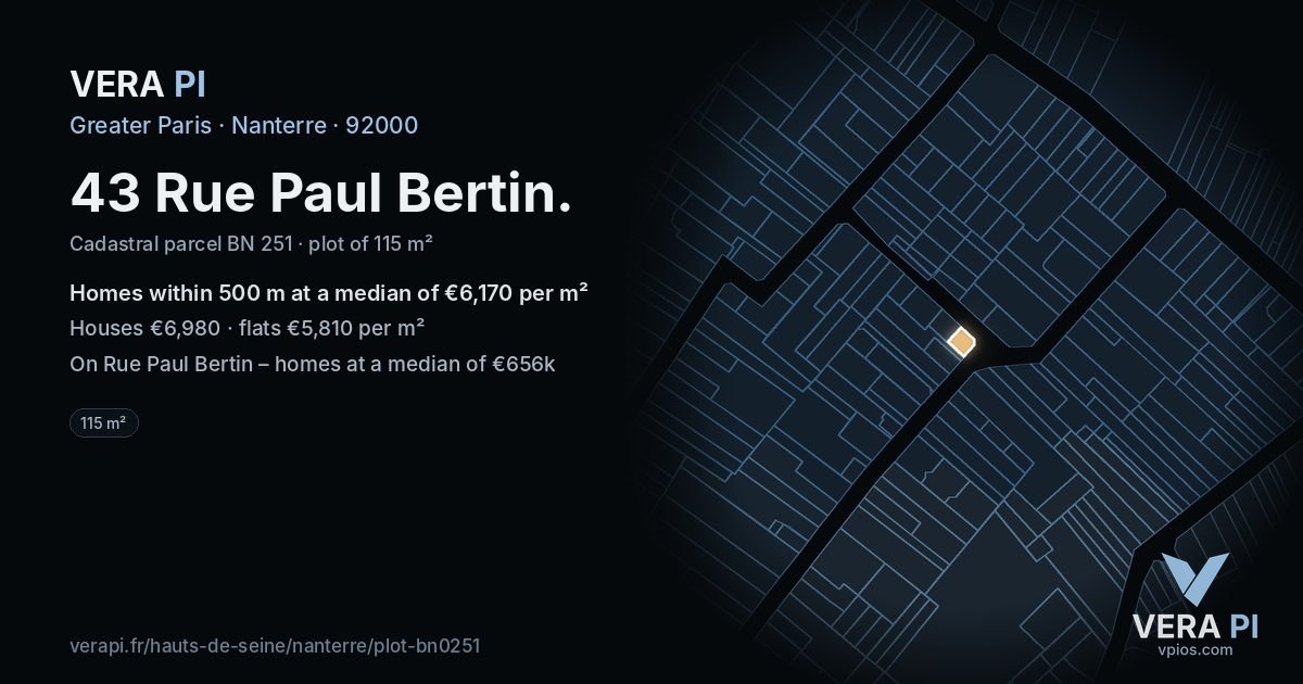 43 Rue Paul Bertin, Nanterre at night – the plot lit, the parcels around coloured by the prices near them
