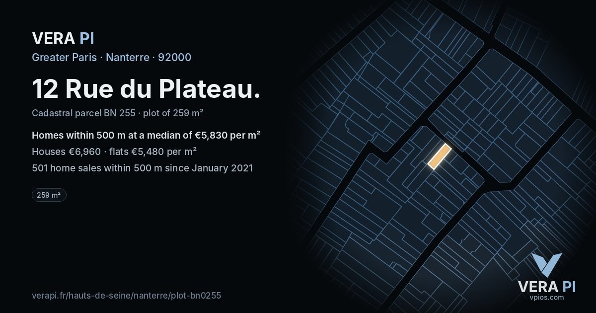 12 Rue du Plateau, Nanterre at night – the plot lit, the parcels around coloured by the prices near them
