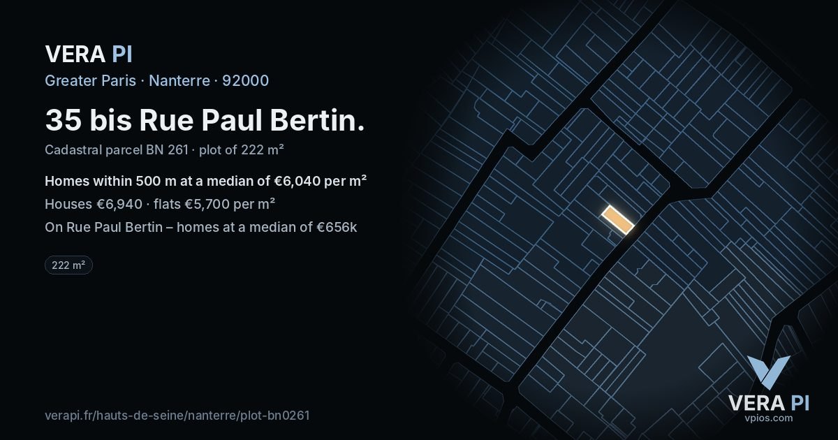 35 bis Rue Paul Bertin, Nanterre at night – the plot lit, the parcels around coloured by the prices near them