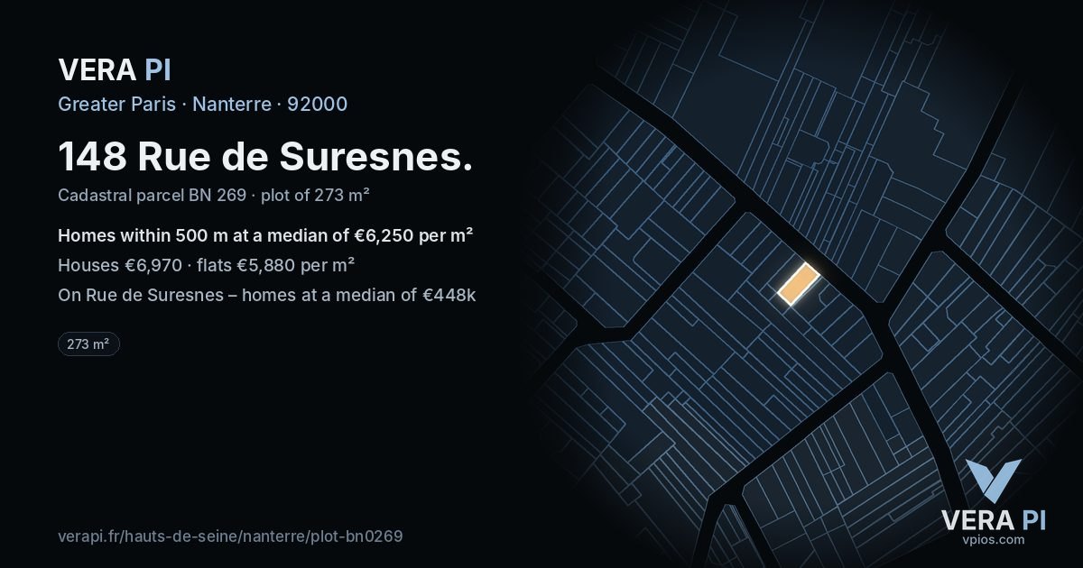 148 Rue de Suresnes, Nanterre at night – the plot lit, the parcels around coloured by the prices near them