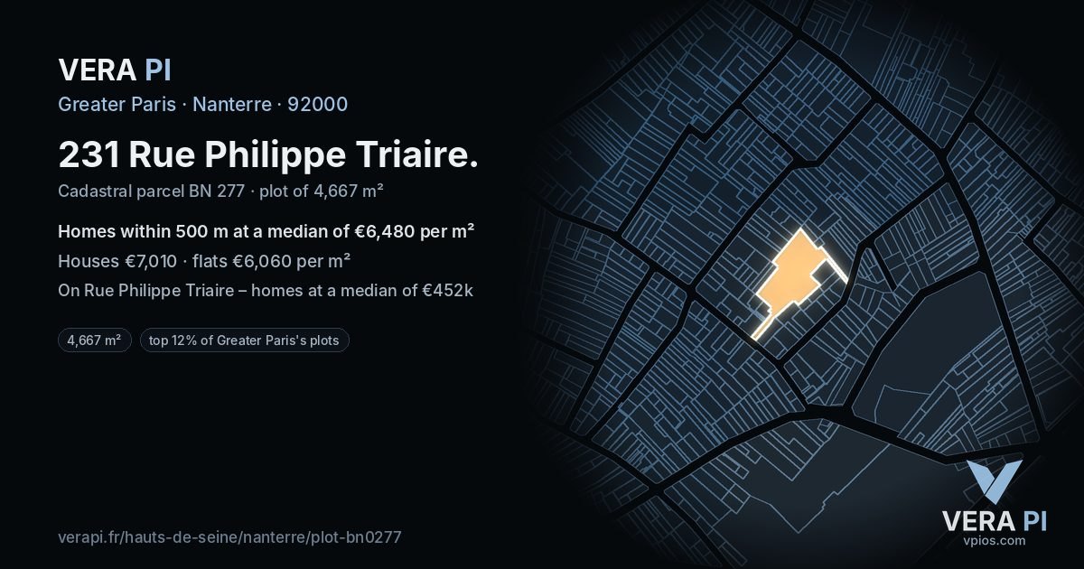 231 Rue Philippe Triaire, Nanterre at night – the plot lit, the parcels around coloured by the prices near them
