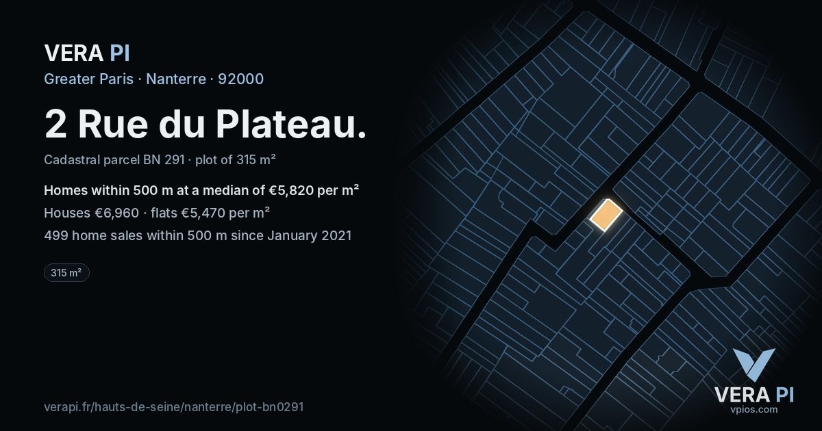 2 Rue du Plateau, Nanterre at night – the plot lit, the parcels around coloured by the prices near them