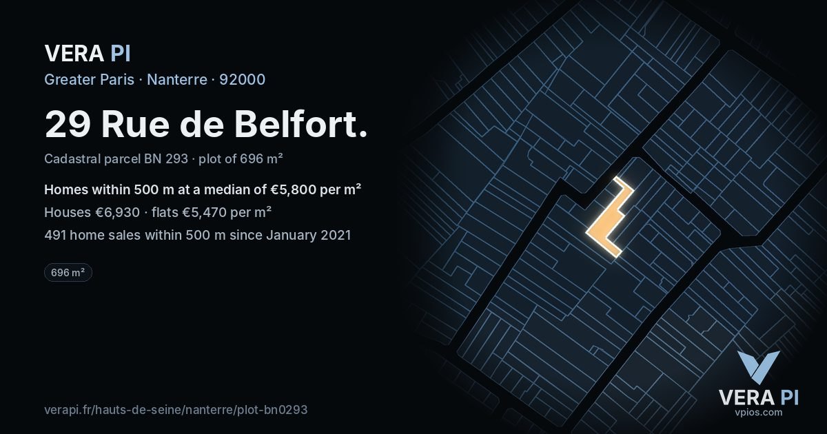 29 Rue de Belfort, Nanterre at night – the plot lit, the parcels around coloured by the prices near them