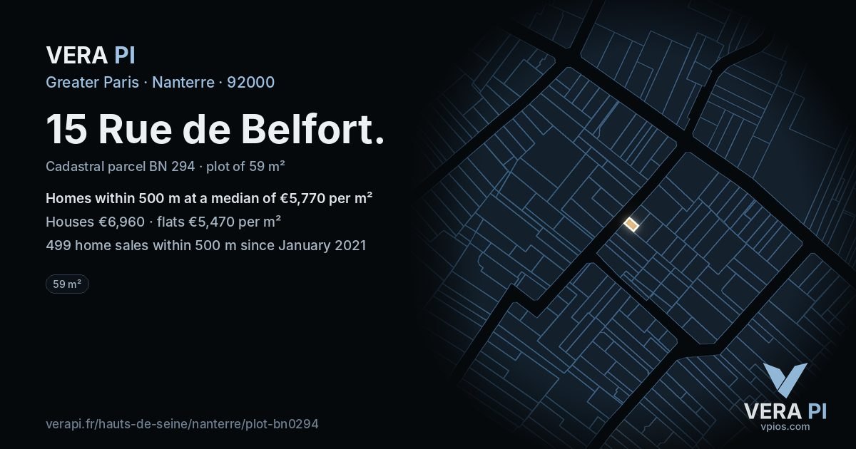 15 Rue de Belfort, Nanterre at night – the plot lit, the parcels around coloured by the prices near them