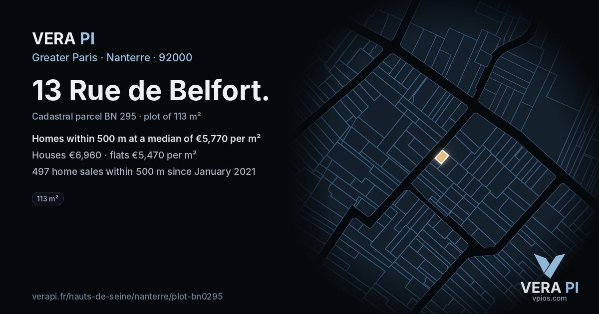 13 Rue de Belfort, Nanterre at night – the plot lit, the parcels around coloured by the prices near them