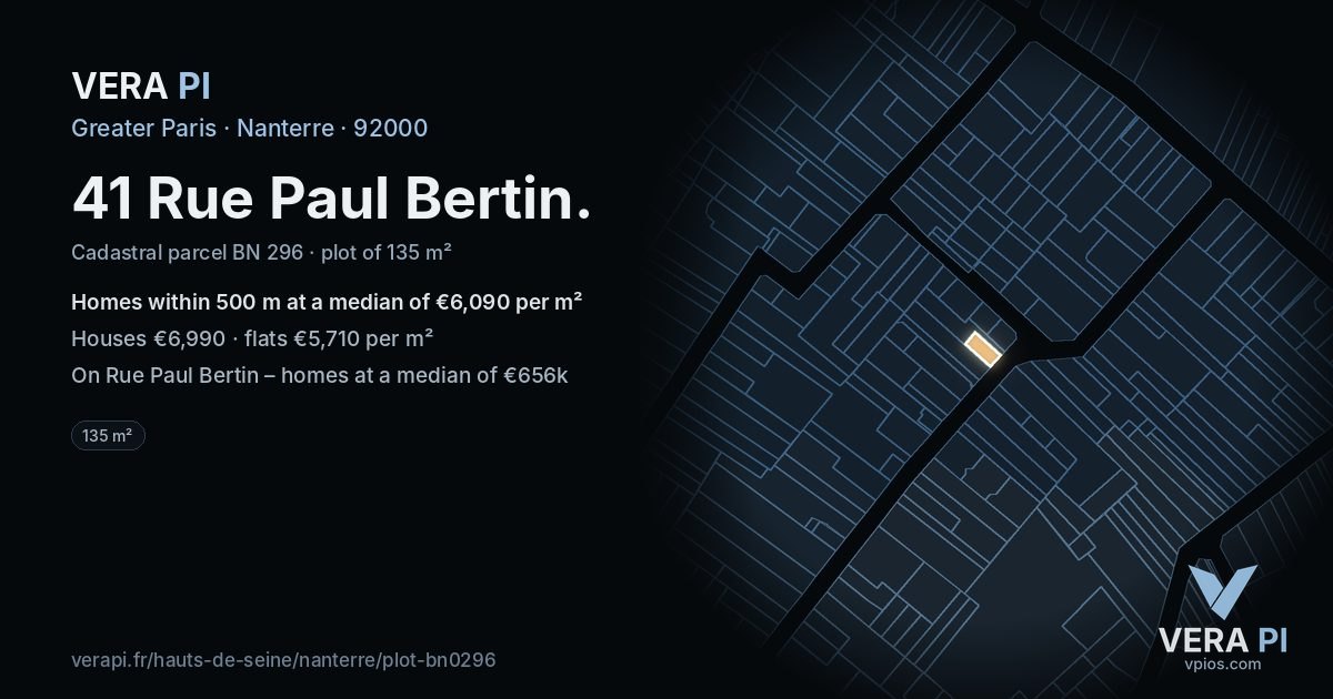 41 Rue Paul Bertin, Nanterre at night – the plot lit, the parcels around coloured by the prices near them