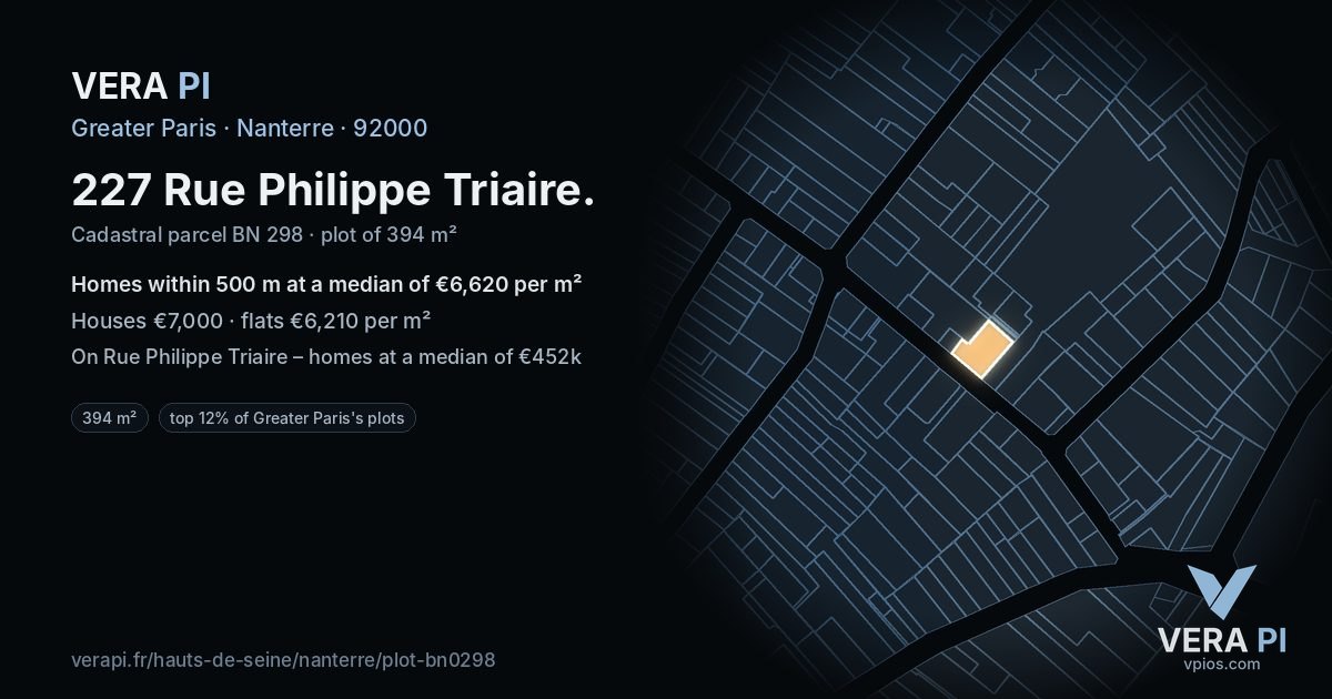 227 Rue Philippe Triaire, Nanterre at night – the plot lit, the parcels around coloured by the prices near them