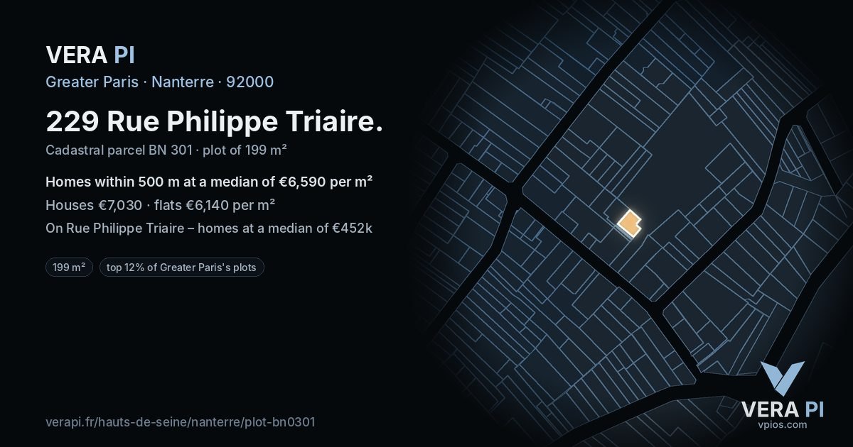 229 Rue Philippe Triaire, Nanterre at night – the plot lit, the parcels around coloured by the prices near them