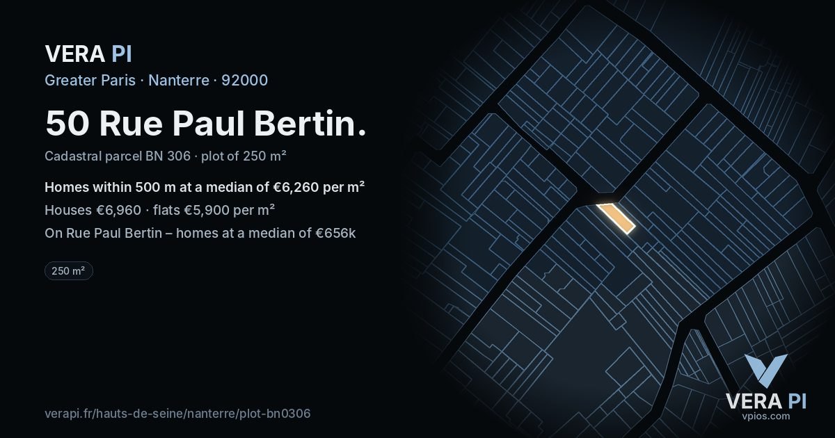 50 Rue Paul Bertin, Nanterre at night – the plot lit, the parcels around coloured by the prices near them