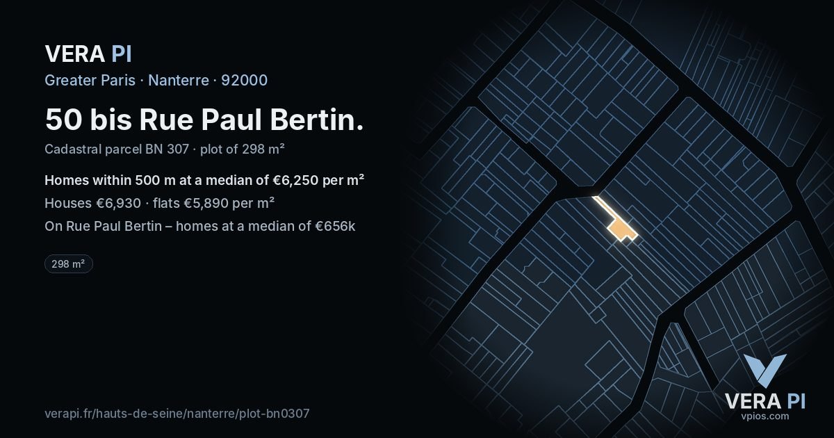 50 bis Rue Paul Bertin, Nanterre at night – the plot lit, the parcels around coloured by the prices near them