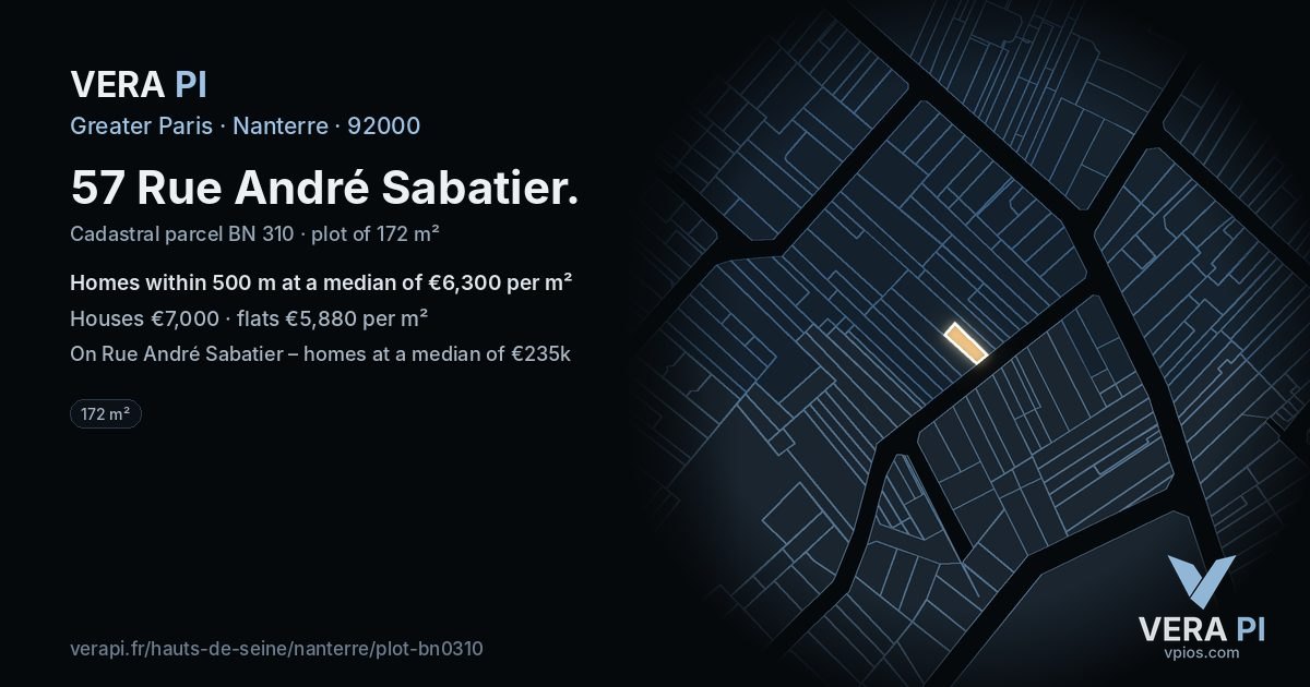 57 Rue André Sabatier, Nanterre at night – the plot lit, the parcels around coloured by the prices near them