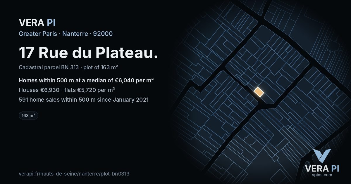 17 Rue du Plateau, Nanterre at night – the plot lit, the parcels around coloured by the prices near them