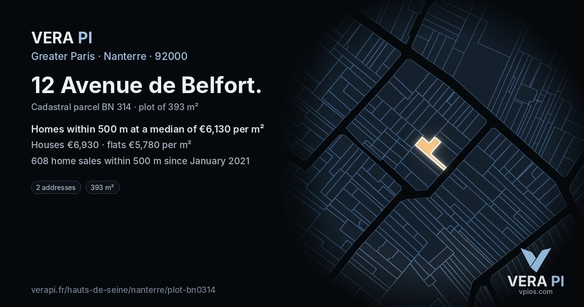 12 Avenue de Belfort, Nanterre at night – the plot lit, the parcels around coloured by the prices near them