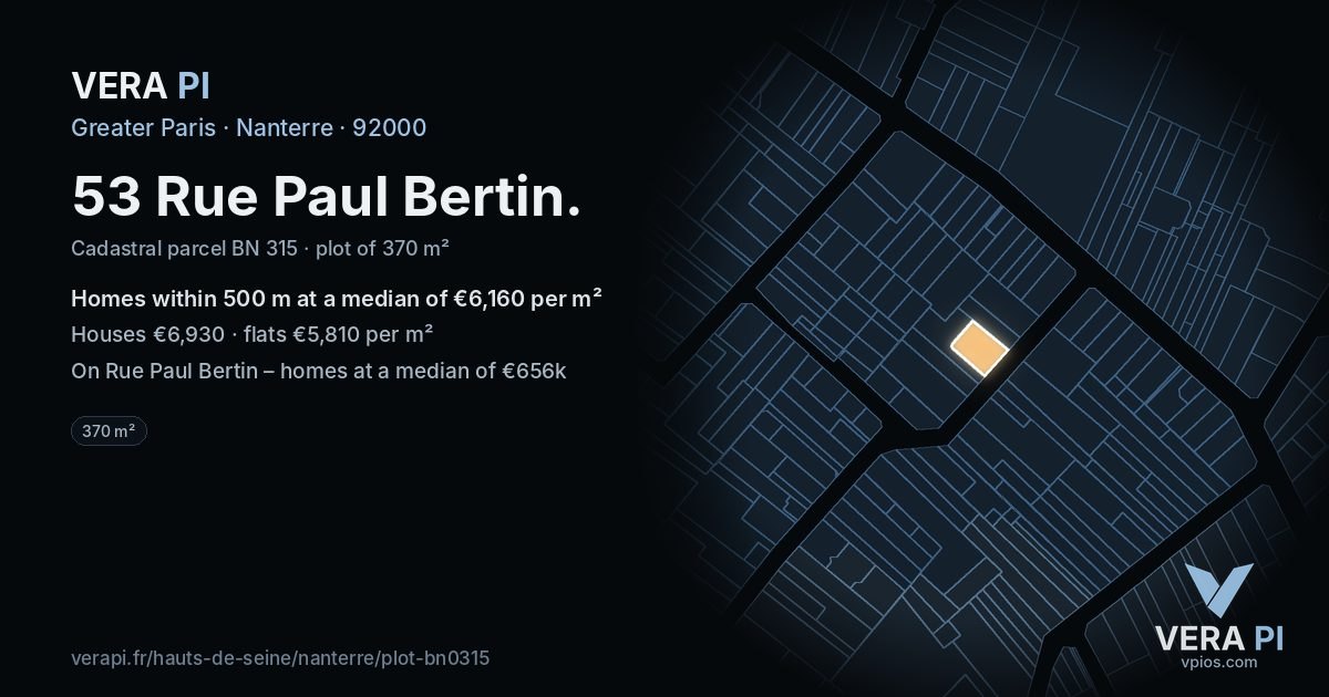 53 Rue Paul Bertin, Nanterre at night – the plot lit, the parcels around coloured by the prices near them