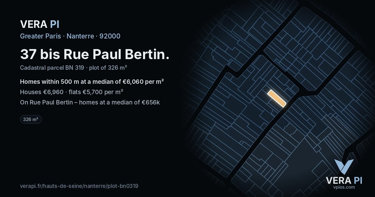 37 bis Rue Paul Bertin, Nanterre at night – the plot lit, the parcels around coloured by the prices near them