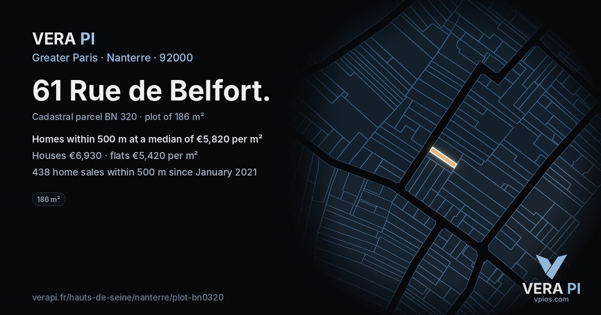 61 Rue de Belfort, Nanterre at night – the plot lit, the parcels around coloured by the prices near them