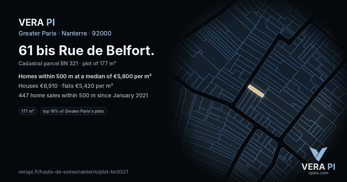 61 bis Rue de Belfort, Nanterre at night – the plot lit, the parcels around coloured by the prices near them
