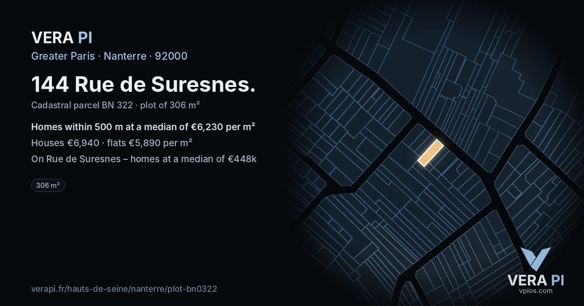 144 Rue de Suresnes, Nanterre at night – the plot lit, the parcels around coloured by the prices near them