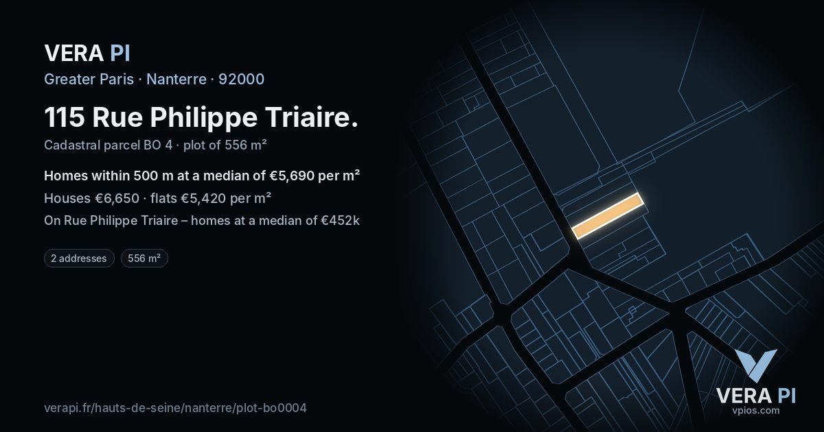 115 Rue Philippe Triaire, Nanterre at night – the plot lit, the parcels around coloured by the prices near them