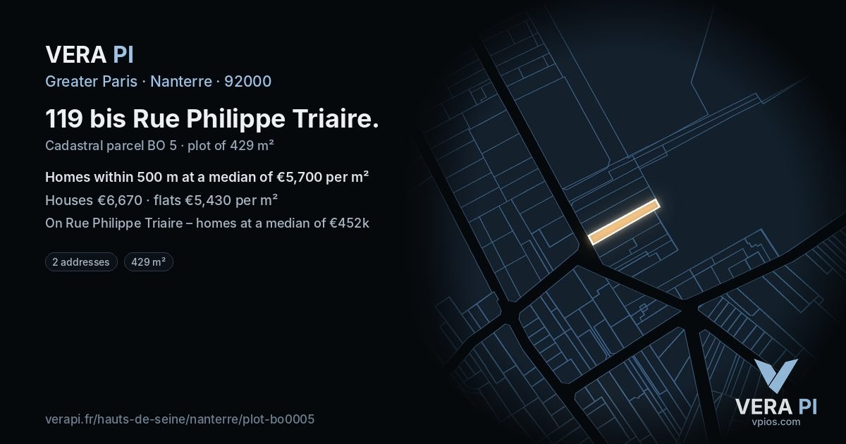 119 bis Rue Philippe Triaire, Nanterre at night – the plot lit, the parcels around coloured by the prices near them
