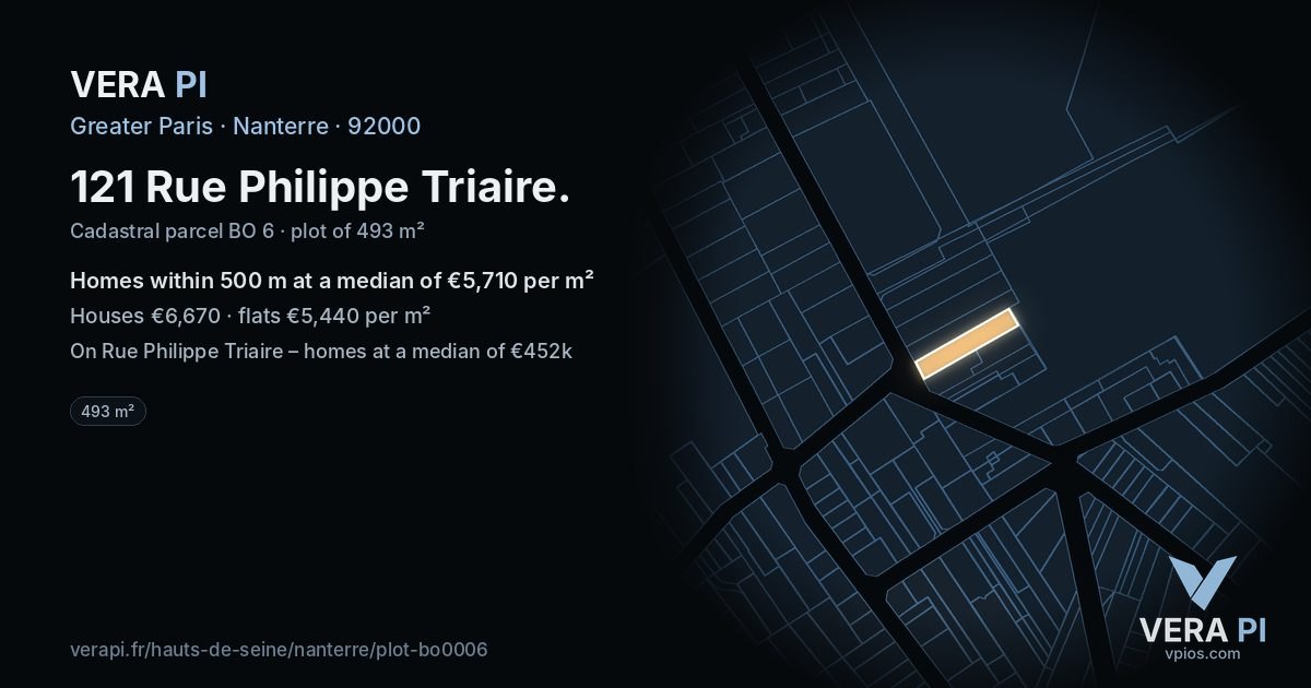 121 Rue Philippe Triaire, Nanterre at night – the plot lit, the parcels around coloured by the prices near them