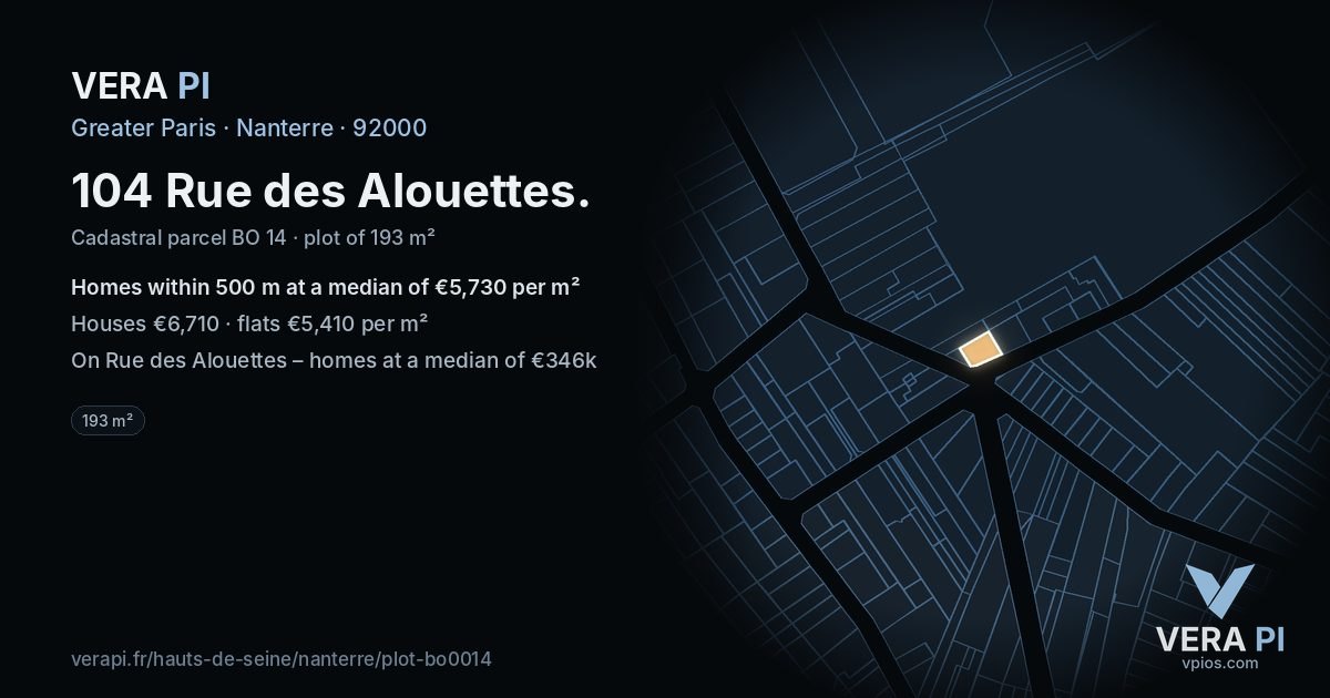 104 Rue des Alouettes, Nanterre at night – the plot lit, the parcels around coloured by the prices near them