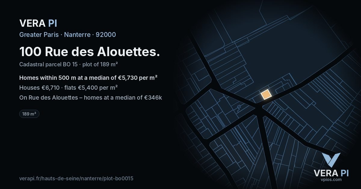 100 Rue des Alouettes, Nanterre at night – the plot lit, the parcels around coloured by the prices near them
