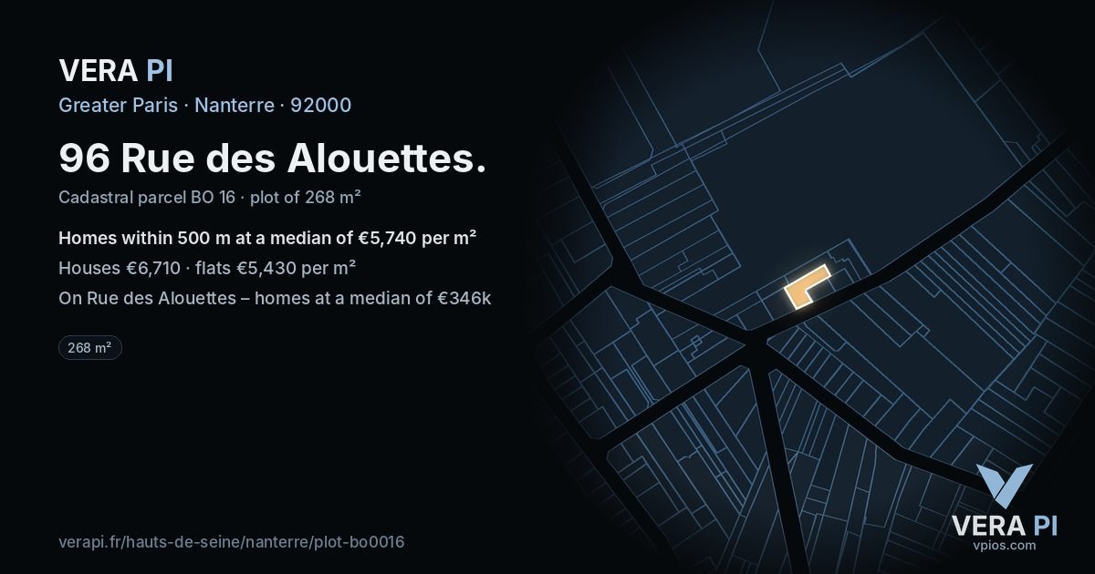96 Rue des Alouettes, Nanterre at night – the plot lit, the parcels around coloured by the prices near them