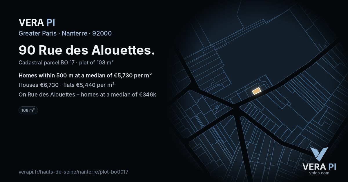 90 Rue des Alouettes, Nanterre at night – the plot lit, the parcels around coloured by the prices near them