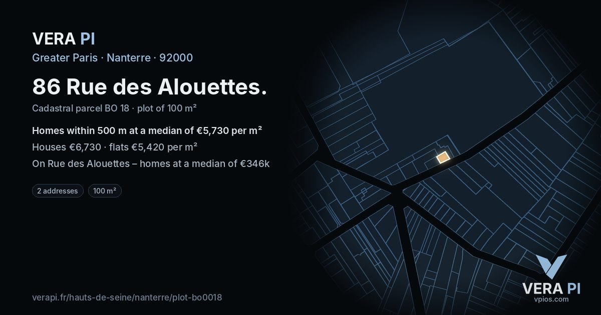 86 Rue des Alouettes, Nanterre at night – the plot lit, the parcels around coloured by the prices near them