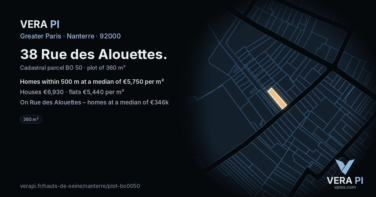 38 Rue des Alouettes, Nanterre at night – the plot lit, the parcels around coloured by the prices near them