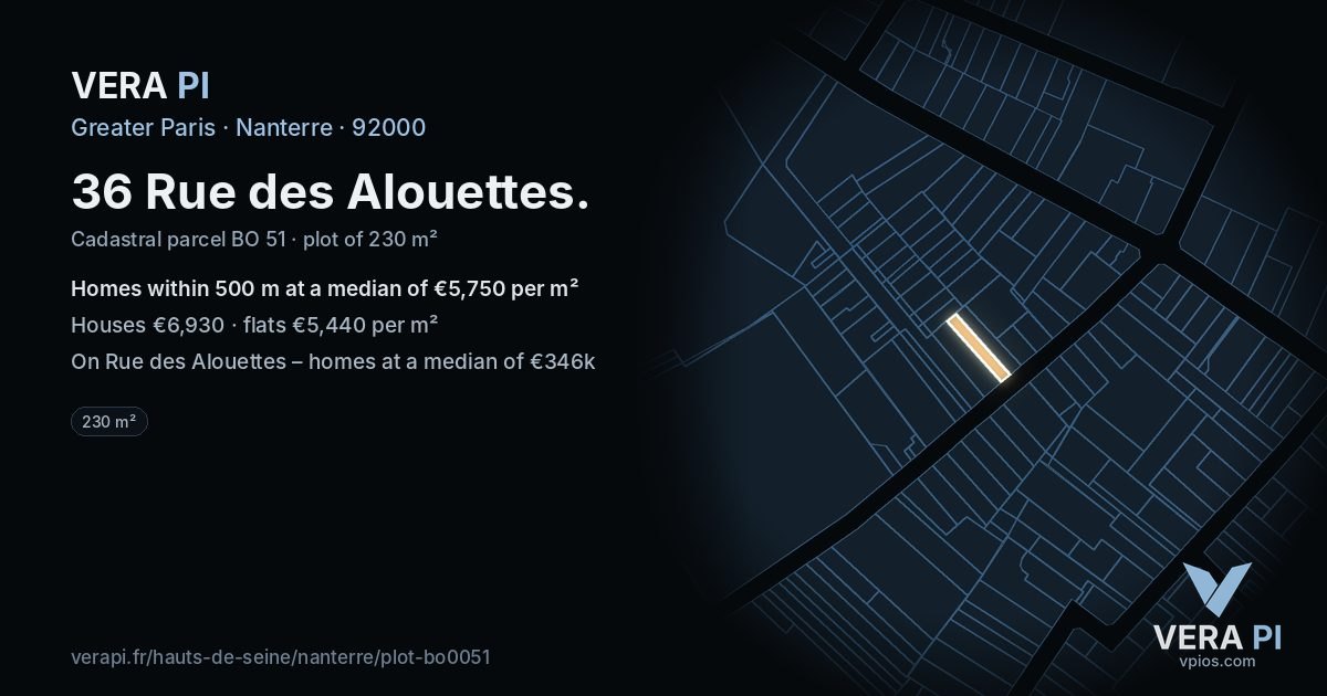 36 Rue des Alouettes, Nanterre at night – the plot lit, the parcels around coloured by the prices near them