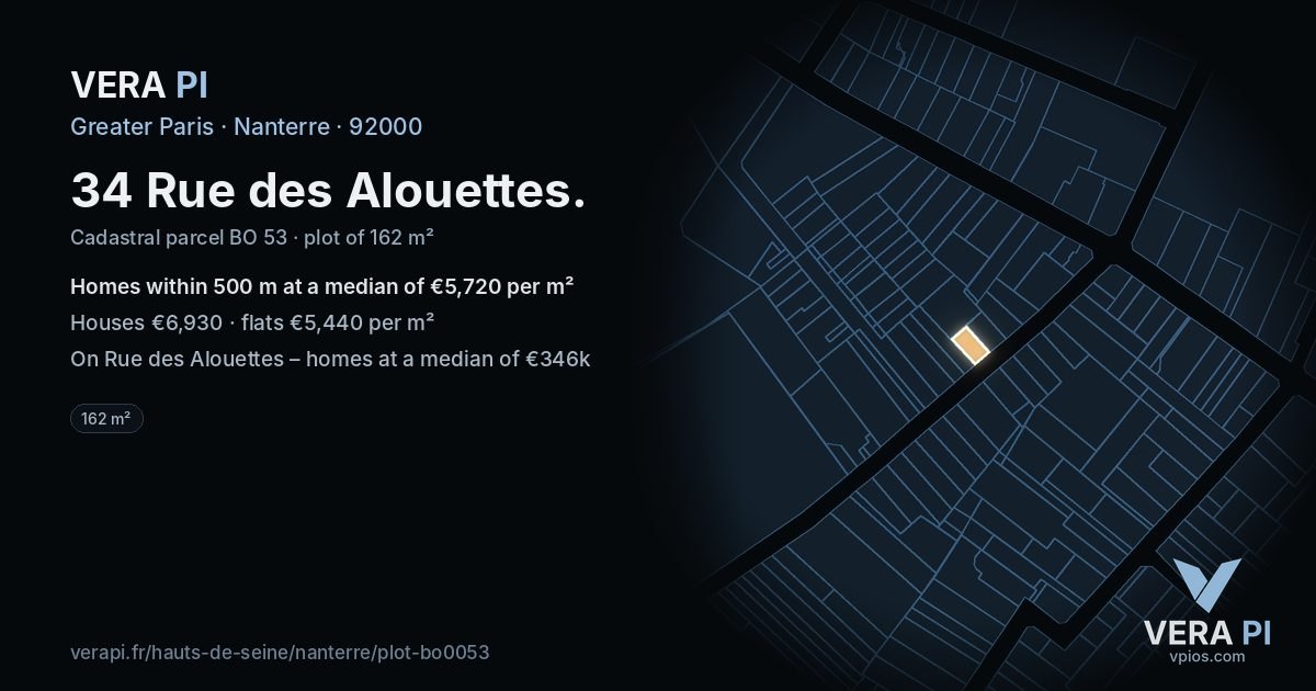 34 Rue des Alouettes, Nanterre at night – the plot lit, the parcels around coloured by the prices near them