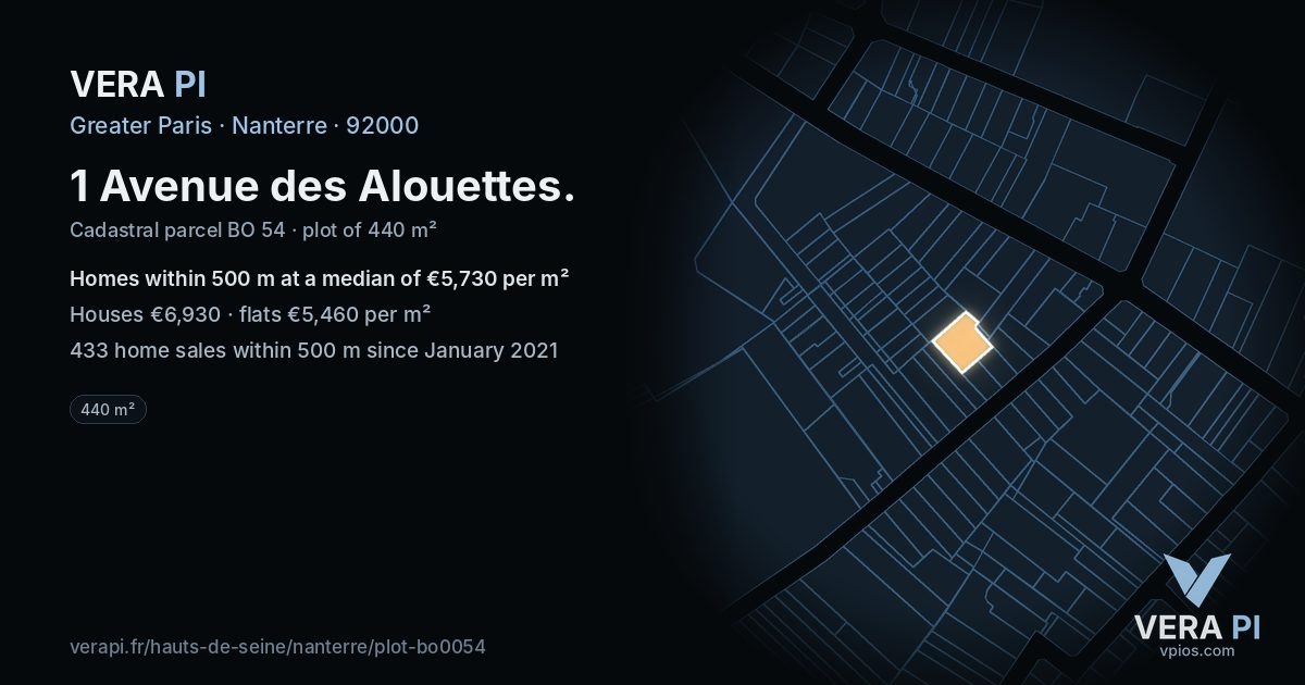 1 Avenue des Alouettes, Nanterre at night – the plot lit, the parcels around coloured by the prices near them