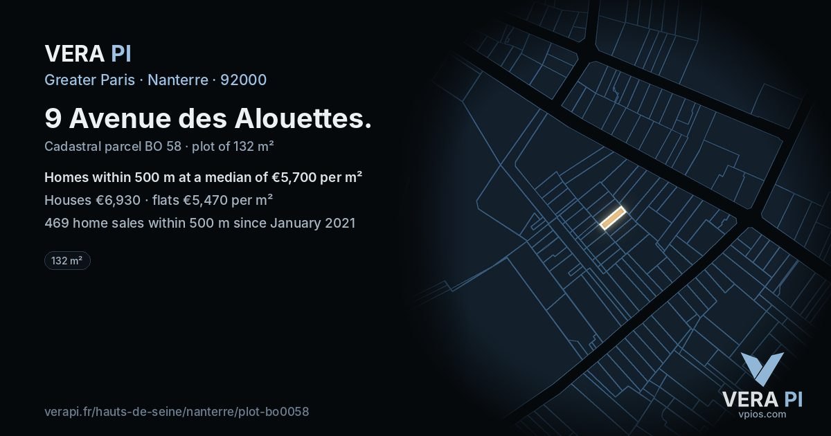 9 Avenue des Alouettes, Nanterre at night – the plot lit, the parcels around coloured by the prices near them