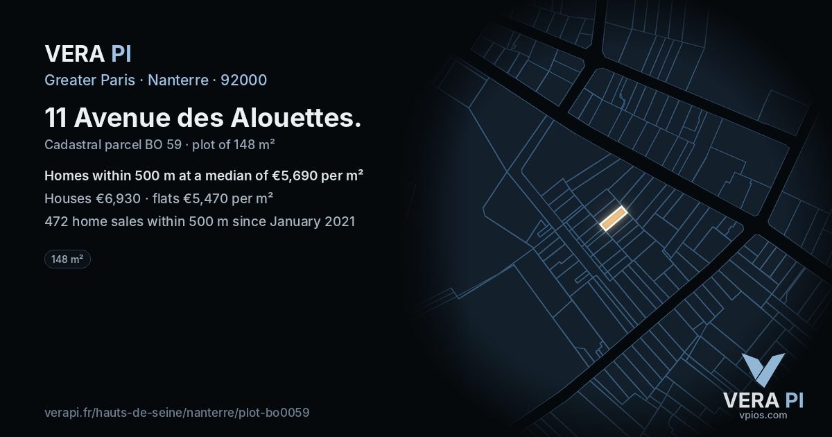 11 Avenue des Alouettes, Nanterre at night – the plot lit, the parcels around coloured by the prices near them
