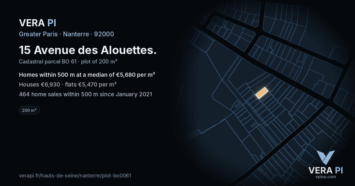15 Avenue des Alouettes, Nanterre at night – the plot lit, the parcels around coloured by the prices near them