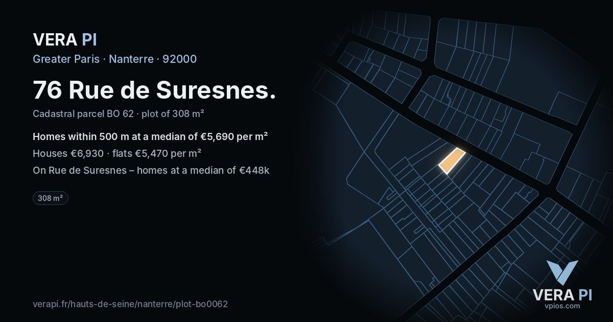 76 Rue de Suresnes, Nanterre at night – the plot lit, the parcels around coloured by the prices near them