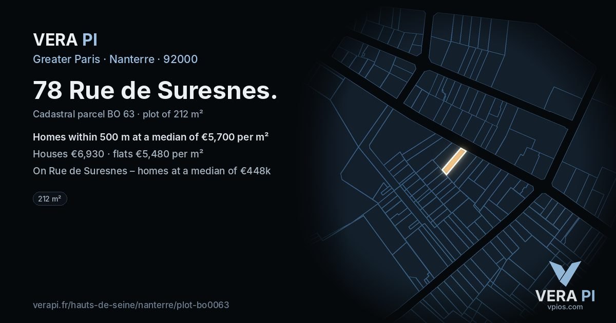 78 Rue de Suresnes, Nanterre at night – the plot lit, the parcels around coloured by the prices near them