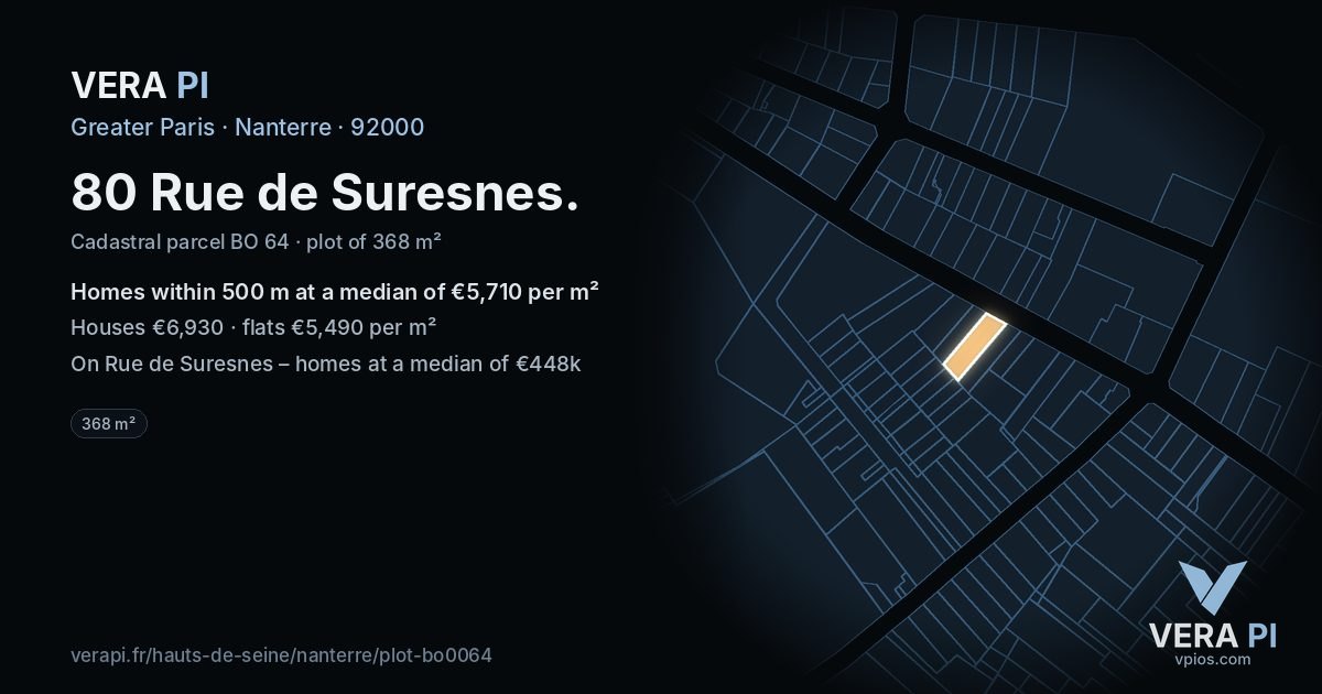 80 Rue de Suresnes, Nanterre at night – the plot lit, the parcels around coloured by the prices near them