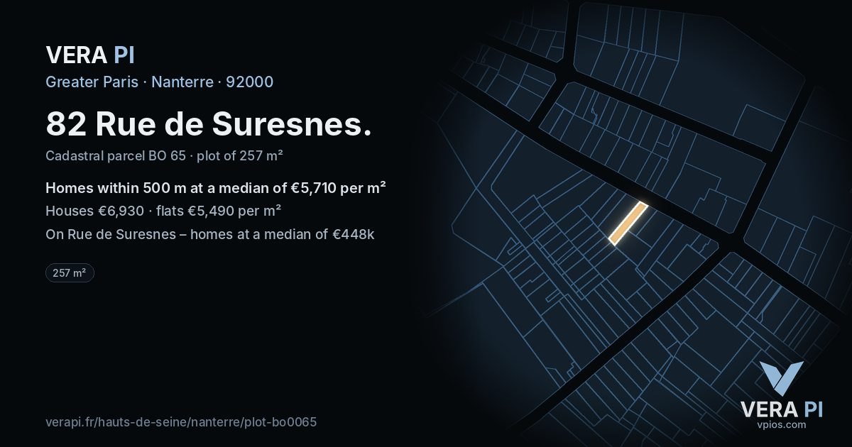 82 Rue de Suresnes, Nanterre at night – the plot lit, the parcels around coloured by the prices near them