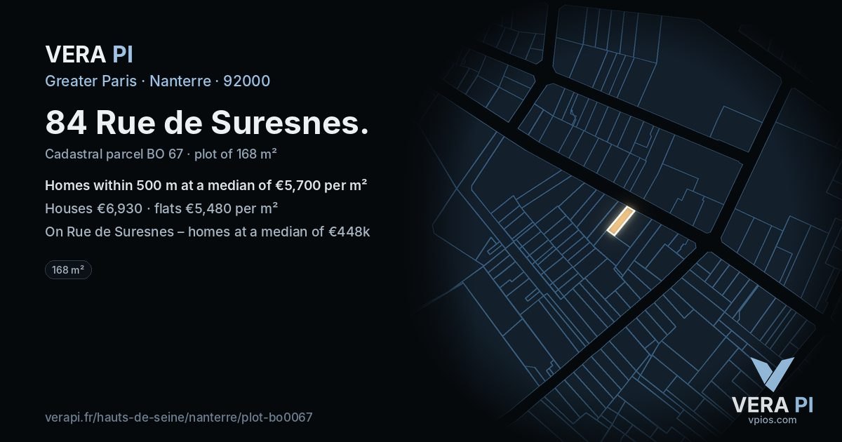 84 Rue de Suresnes, Nanterre at night – the plot lit, the parcels around coloured by the prices near them