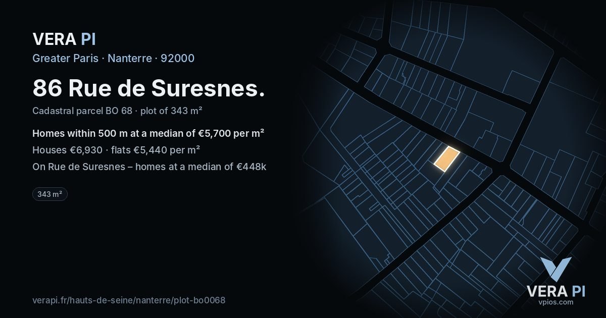 86 Rue de Suresnes, Nanterre at night – the plot lit, the parcels around coloured by the prices near them