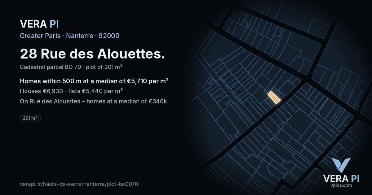 28 Rue des Alouettes, Nanterre at night – the plot lit, the parcels around coloured by the prices near them