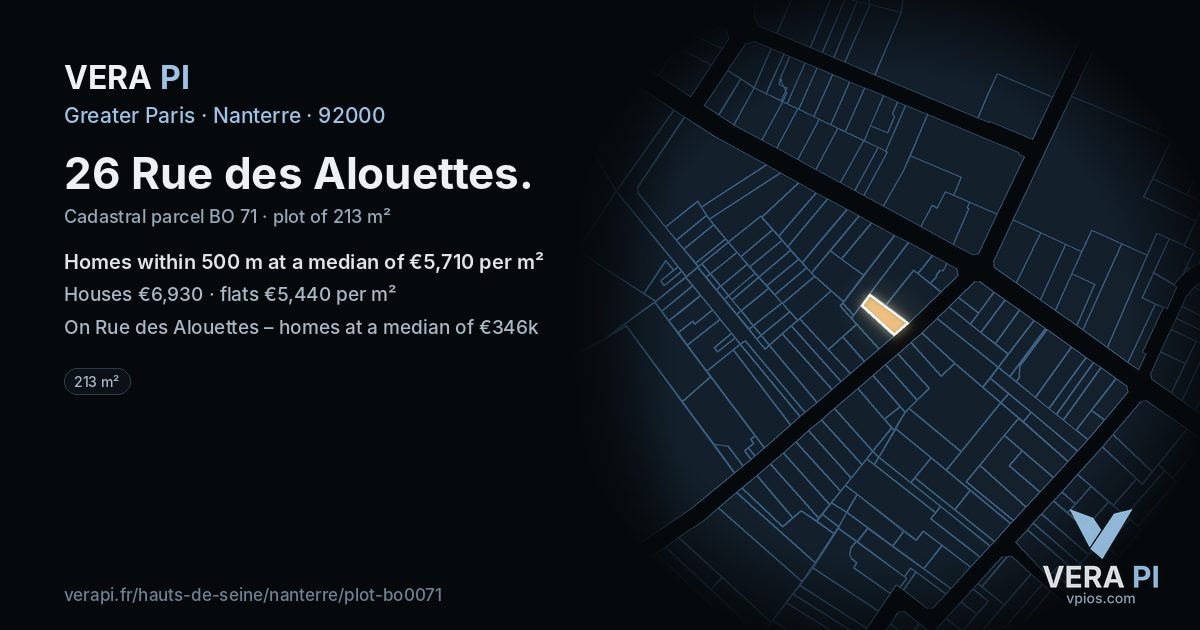 26 Rue des Alouettes, Nanterre at night – the plot lit, the parcels around coloured by the prices near them