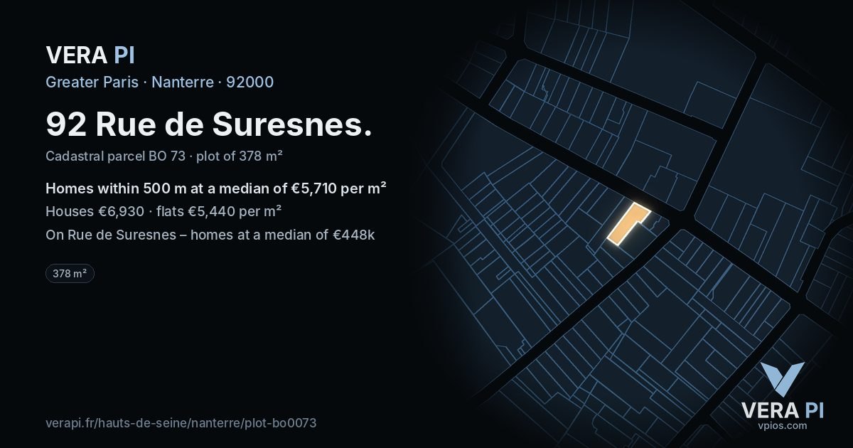 92 Rue de Suresnes, Nanterre at night – the plot lit, the parcels around coloured by the prices near them
