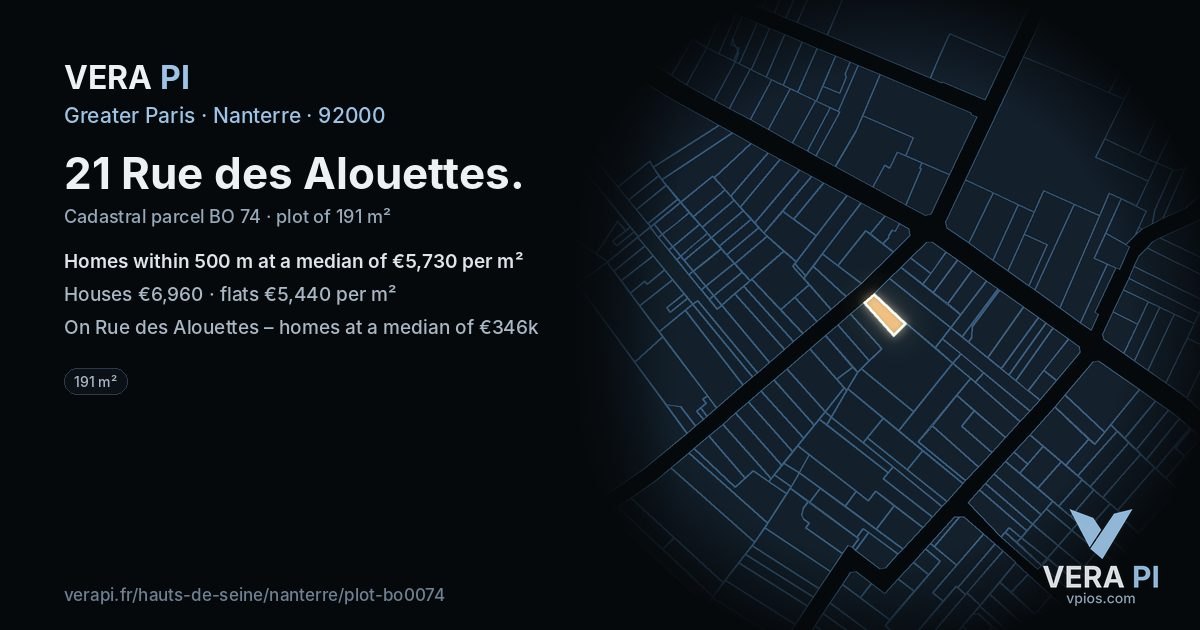 21 Rue des Alouettes, Nanterre at night – the plot lit, the parcels around coloured by the prices near them